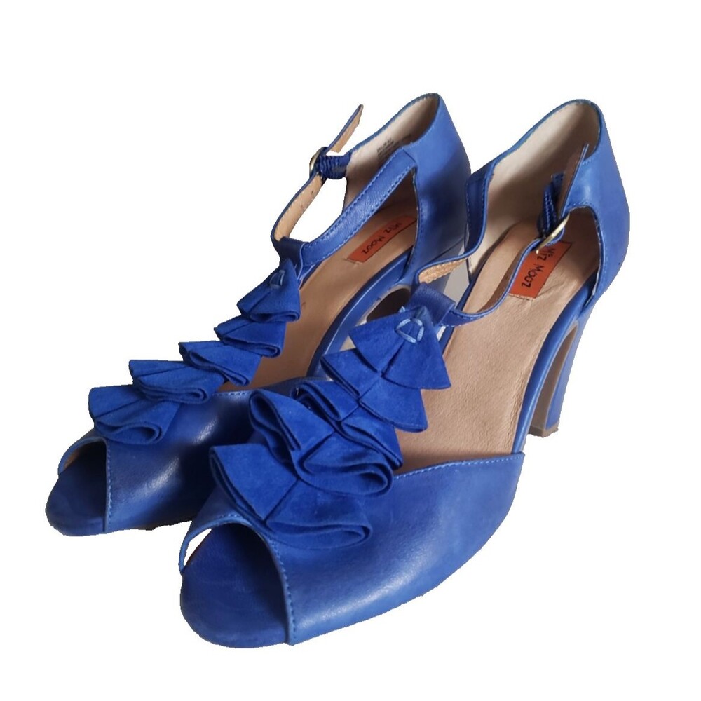Miz Mooz T Strap Ruffle Pump Women's Size 9.5 Blue Leather Peep Toe Retro Style